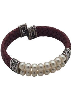 Handcrafted Red Braided Leather & White Pearl Bracelet With Silver Accents